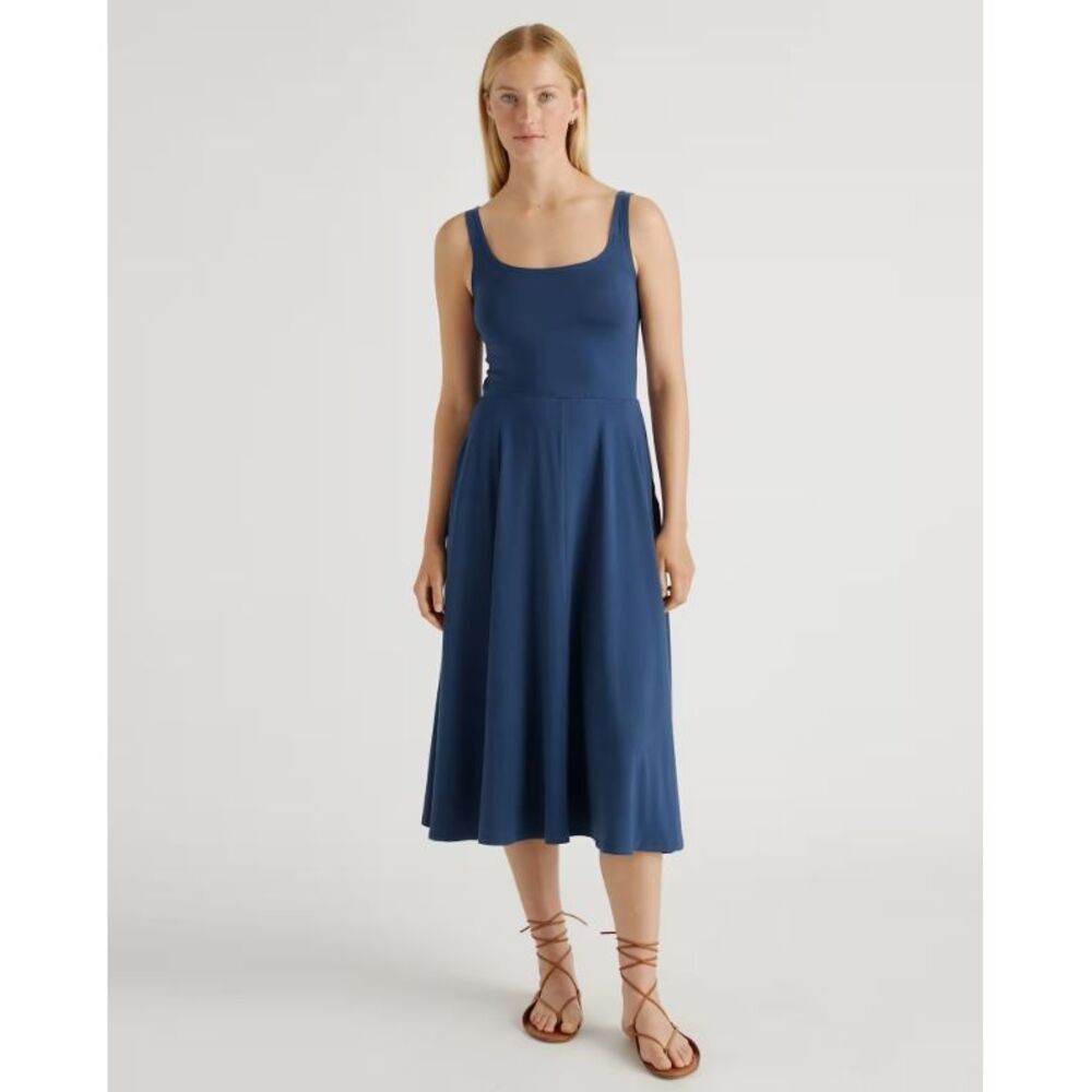 Quince Women Tencel Jersey Fit & Flare Dress Basic Sleeved Blue M
